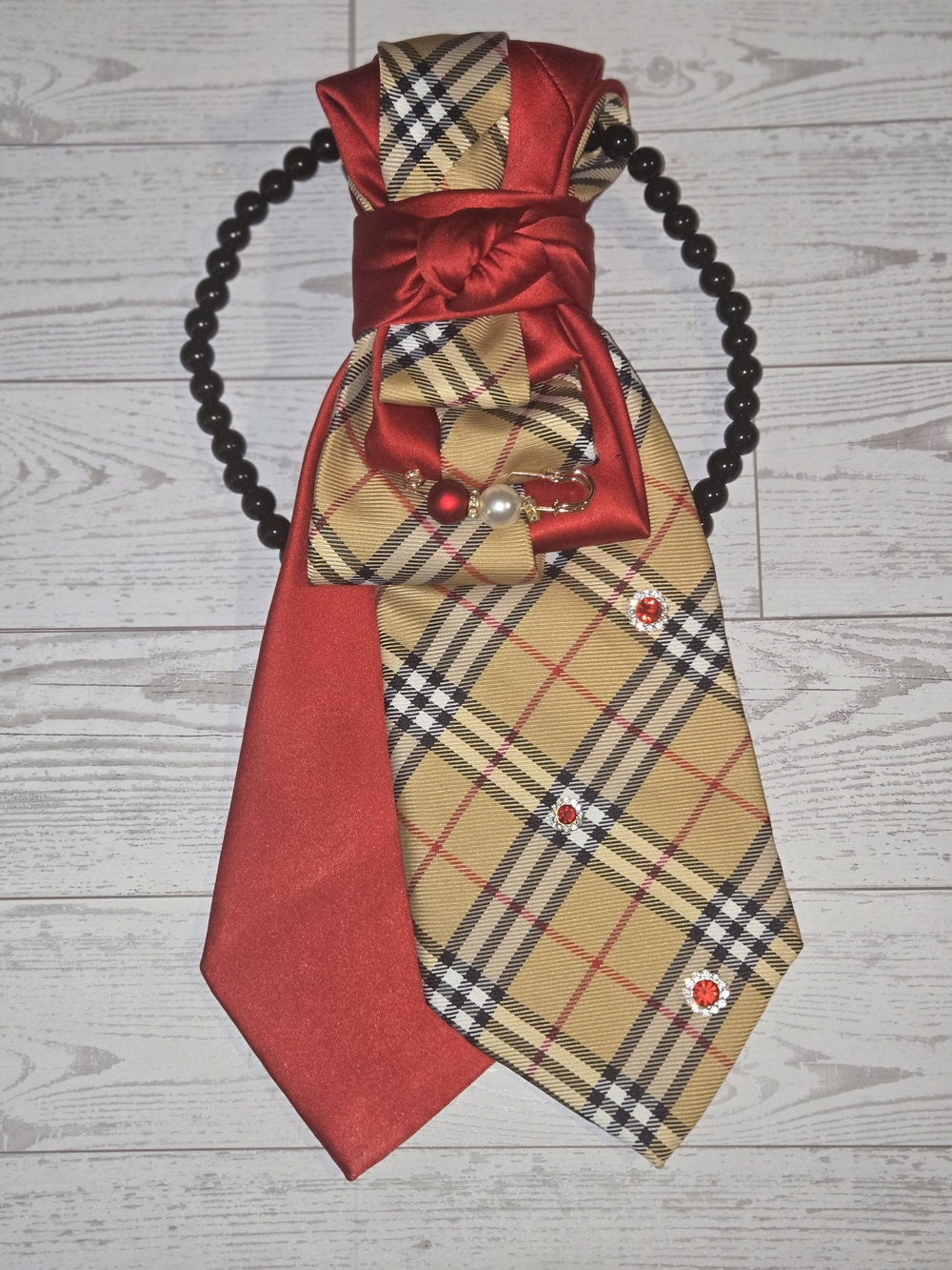 Red Satin and Tan Plaid Necktie Necklace